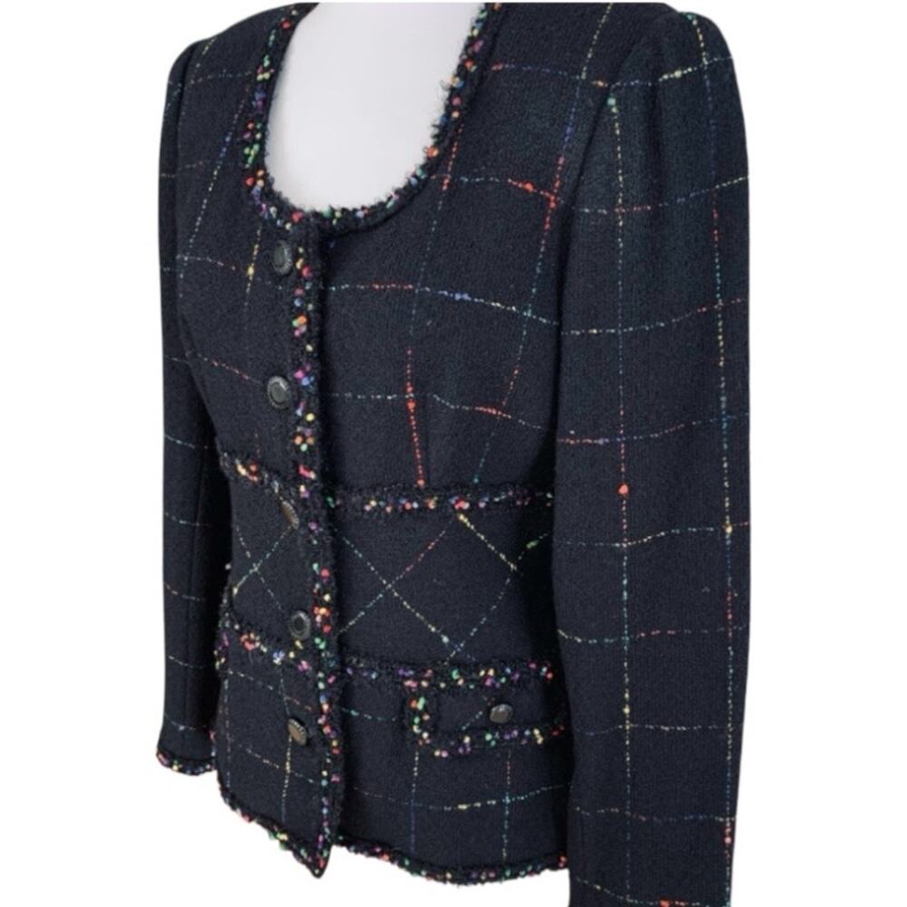 Vintage Rickie Freeman Size 8 Wool Tweed Blazer Jacket Black Colorful Fringe - Picture 2 of 13
